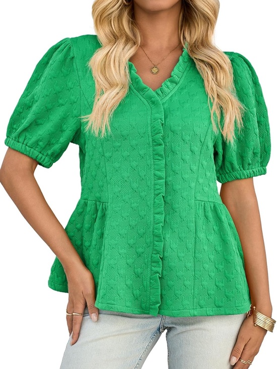 Cicy Bell Tops - NWT Peplum Puff Sleeve Tops Dressy Casual Textured Blouses V Neck Ruffle Medium